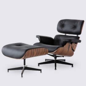 Fauteuil lounge chair et ottoman en cuir pleine fleur noir et bois de palissandre - XL version haute