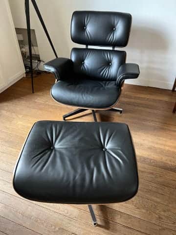 avis fauteuil lounge design cuir aniline noir bois noyer pivotant eames eams salon réplique copie réédition base alu poli