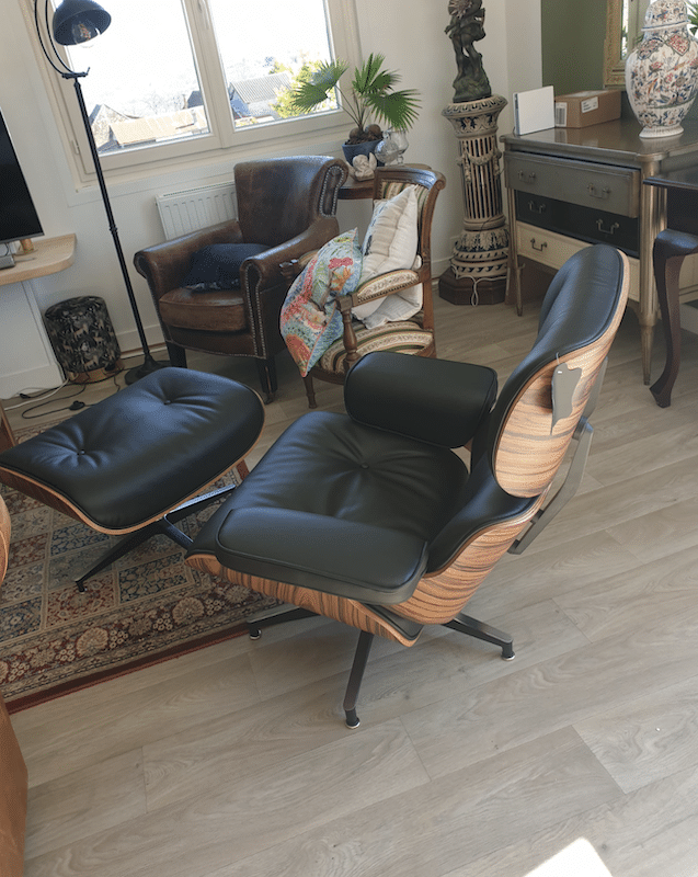 avis fauteuil lounge design cuir noir bois palissandre pivotant eames eams salon réplique copie réédition base alu poli 2