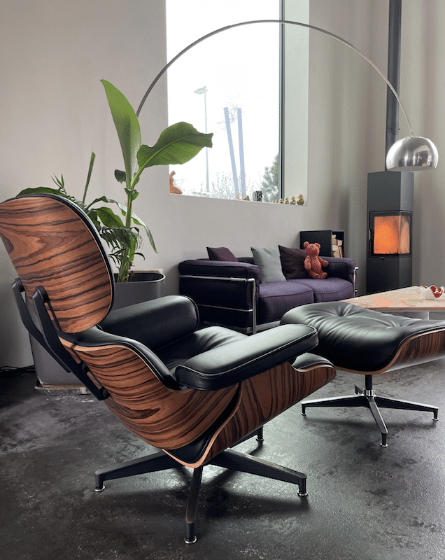 avis fauteuil lounge design cuir noir bois palissandre pivotant eames eams salon réplique copie réédition base alu poli aniline XL