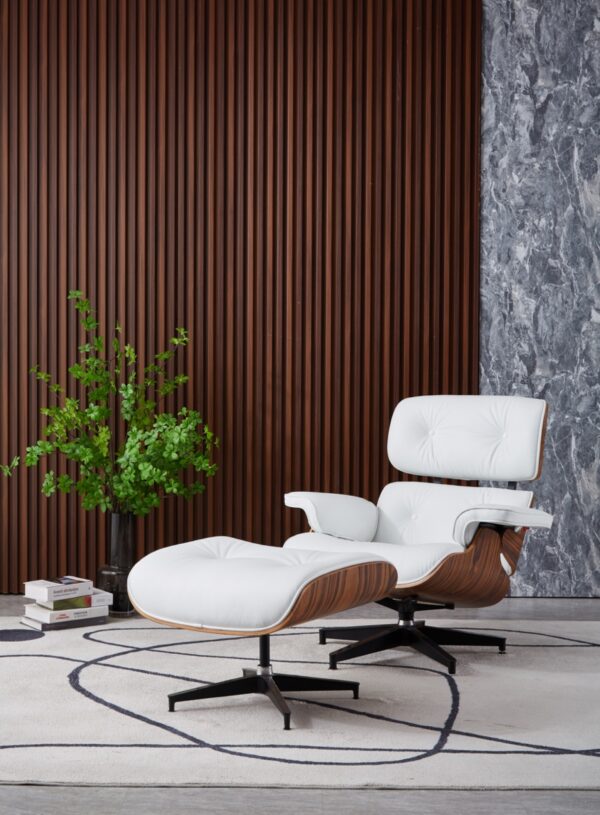 copie fauteuil lounge eames ottoman cuir blanc et bois de palissandre dans un salon contemporain