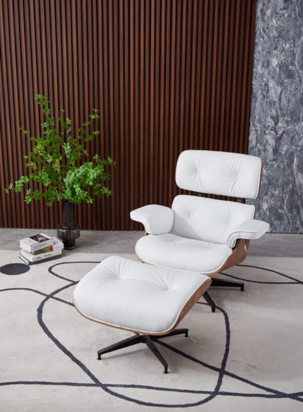 copie fauteuil lounge eames ottoman cuir blanc et bois de palissandre dans un salon moderne