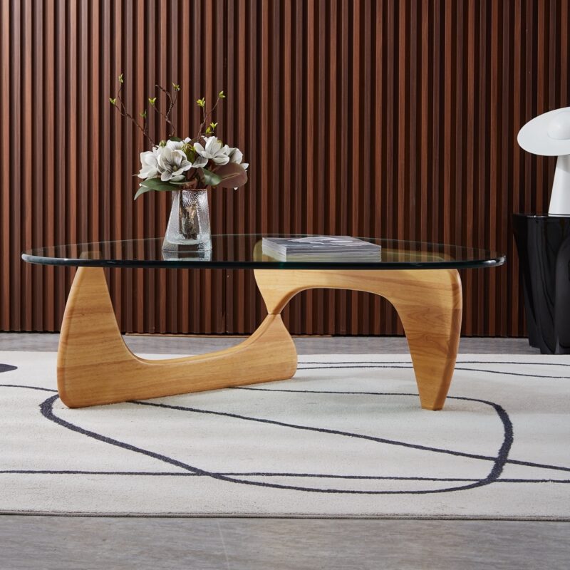 table basse style noguchi en bois de frêne et verre trempé 19mm