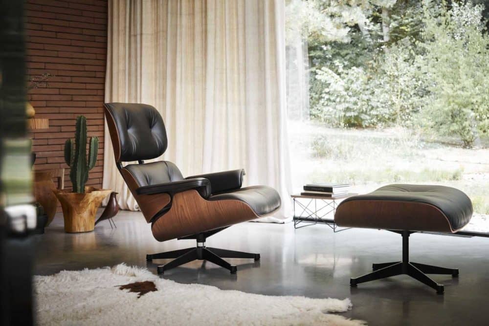 Sillón Lounge Chair Relax Ottoman Cuero Full Bloom Madera Negra Nogal Charles Ray Eames Replica de la sala de estar descripción