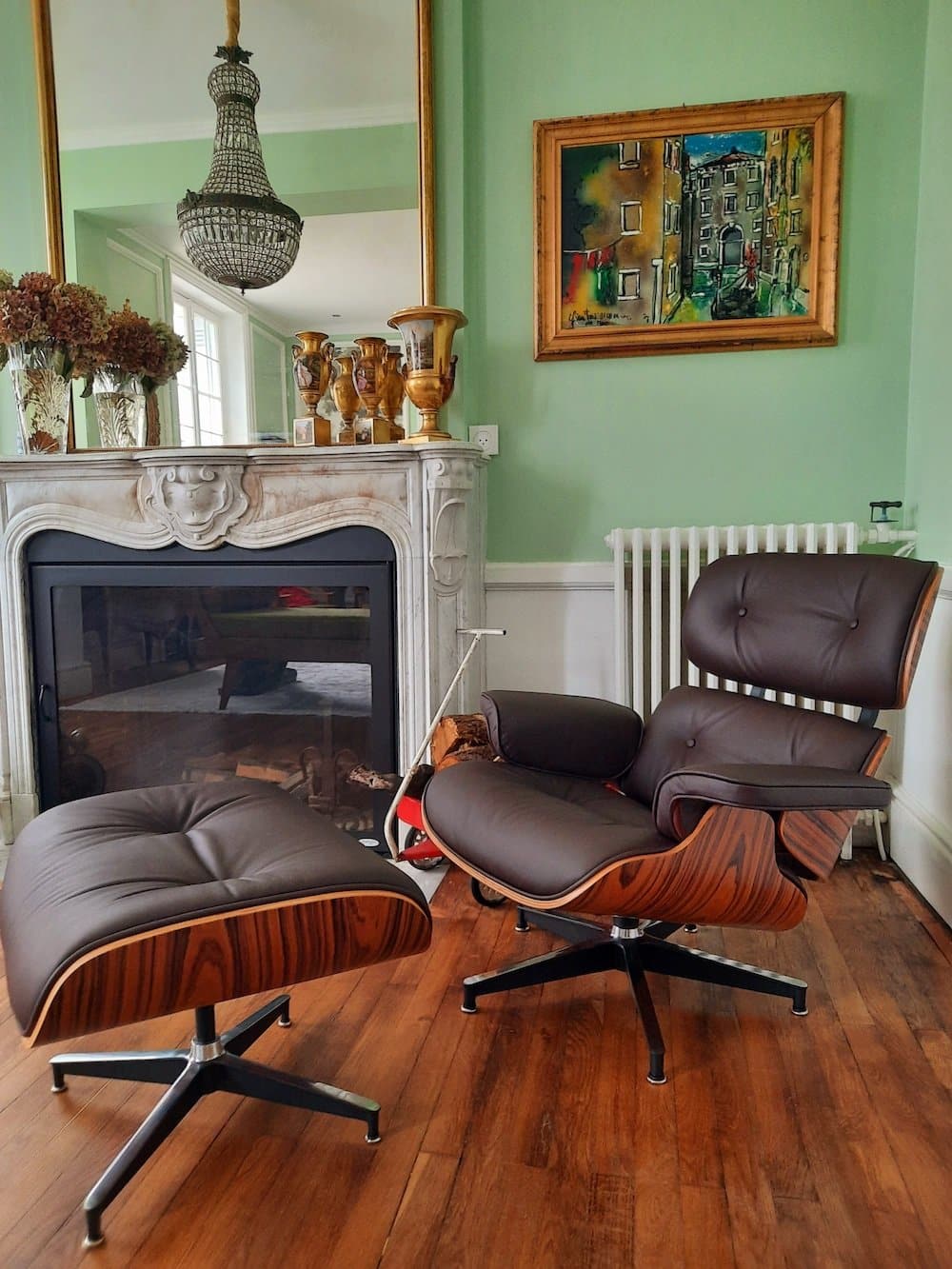 Fauteuil Lounge Chair et Ottoman en Cuir Marron et Bois de Palissandre Stefano