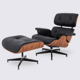 Fauteuil lounge chair et ottoman en cuir aniline noir et bois de palissandre - XL version haute