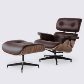 Fauteuil lounge chair et ottoman en cuir pleine fleur marron foncé et bois de palissandre XL version haute Stefano