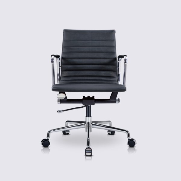 chaise de bureau design eames alu EA117 en cuir noir avec roulettes