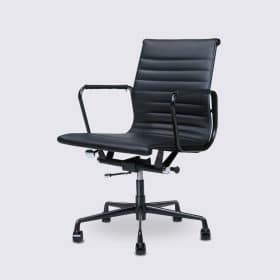 Chaise de bureau en cuir pleine fleur noir, accoudoirs et roulettes base alu noir mat – Livio