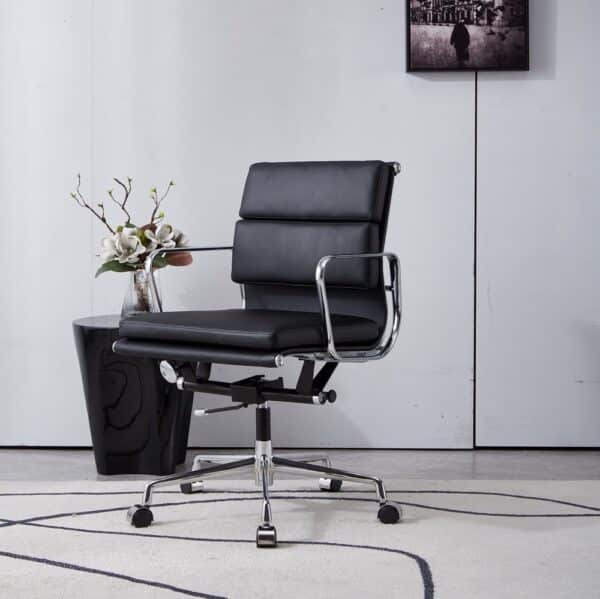 chaise de bureau salon style eames ergonomique design cuir noir soft pad avec roulette