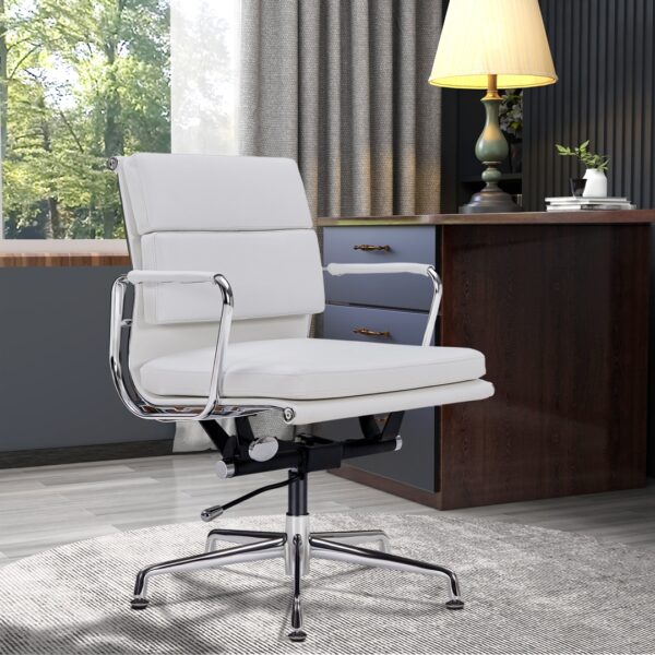 chaise de bureau style eames ergonomique design cuir blanc soft pad pieds fixes dans bureau