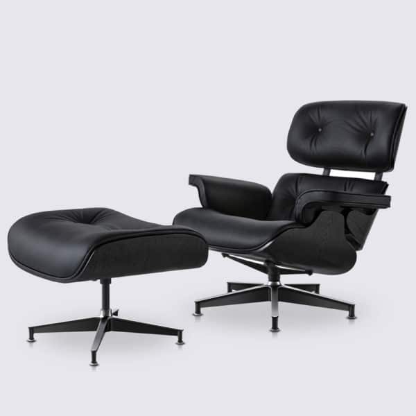 copie fauteuil charles eames avec ottoman cuir italien noir bois de frêne noir