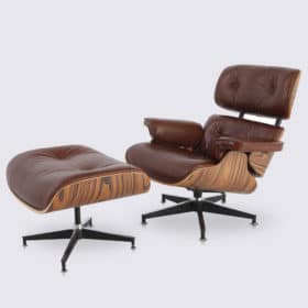 Fauteuil lounge chair et ottoman en cuir aniline premium marron vintage et bois de palissandre