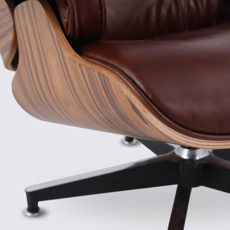 fauteuil charles eames avec ottoman cuir aniline marron vintage bois palissandre 7 couches