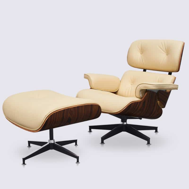 copie fauteuil charles eames pivotant avec ottoman cuir italien blanc crème bois de palissandre base alu noir