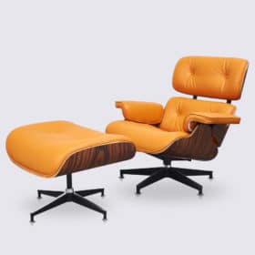 Fauteuil Lounge Chair et Ottoman en Cuir Pleine Fleur Orange et Bois de Palissandre Stefano