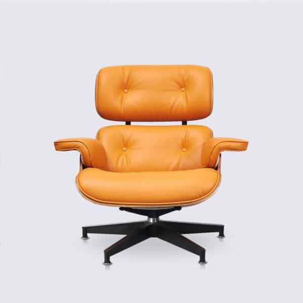 Kopie Charles Eames Sessel italienisches Leder orange Palisanderholz Alu Basis schwarz