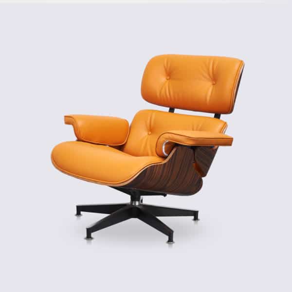 Replik Sessel Charles Eames italienisches Leder orange Palisanderholz Alu-Basis schwarz