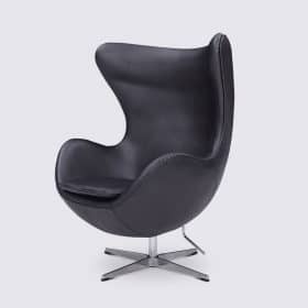 Fauteuil oeuf Egg chair design en cuir pleine fleur italien noir, base alu poli