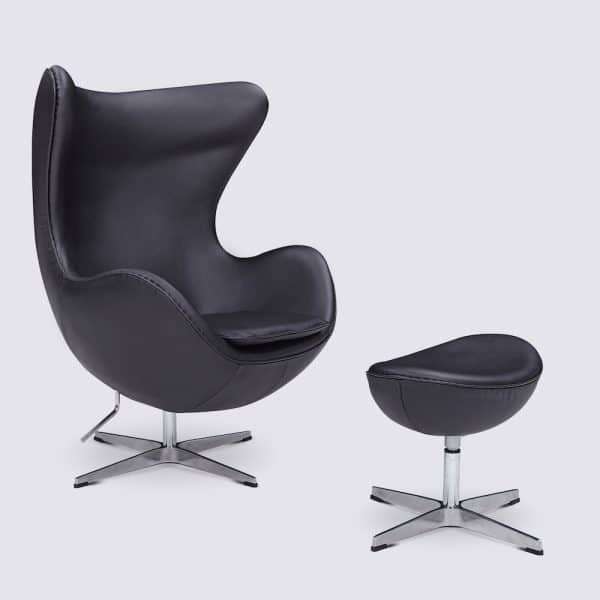 fauteuil arne jacobsen egg chair et repose pied design moderne pivotant oeuf cuir noir italien copie fauteuil jacobsen