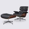Stefano Lounge Chair e Otomana em pele preta de grão integral, pau-rosa e base de alumínio polido