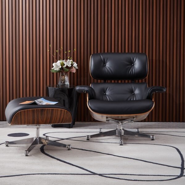 fauteuil lounge style eames en bois de palissandre et cuir noir base aluminium poli pour salon