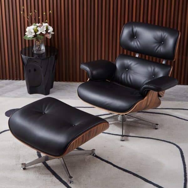 fauteuil lounge charles eames en bois de palissandre et cuir noir base aluminium poli pour salon