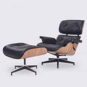 Fauteuil lounge chair et ottoman en cuir aniline premium noir et bois de noyer XL