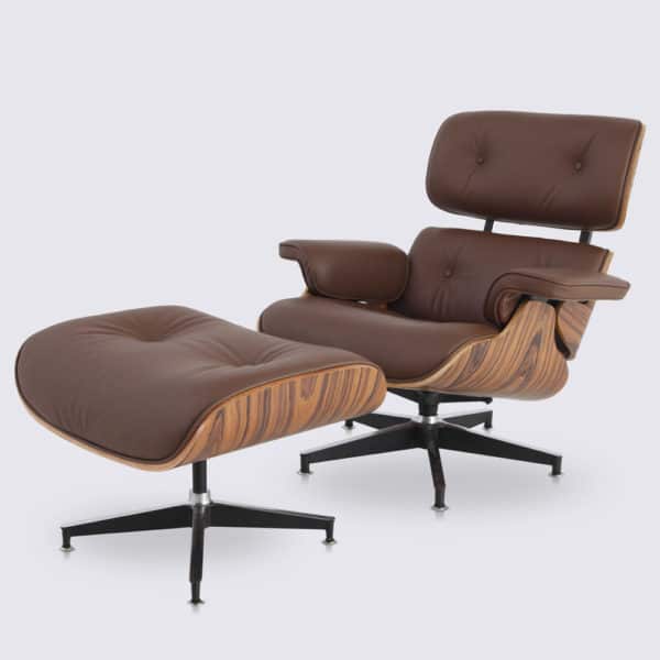 Kopie Charles Eames Sessel mit Ottoman Anilinleder braun schokoladenbraun Palisanderholz Alu Basis schwarz