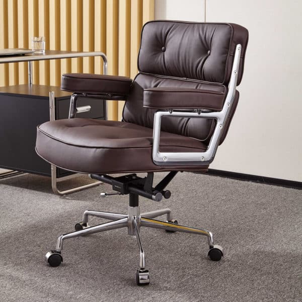 chaise de bureau confortable confort moderne design ergonomique en cuir marron foncé réplique eames lobby ES104 avec roulette