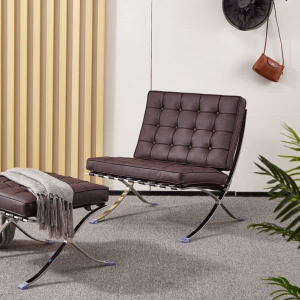 fauteuil barcelona réplique cuir marron foncé chocolat ottoman repose pieds pouf copie chaise barcelona knoll replica fauteuil lounge design bureau