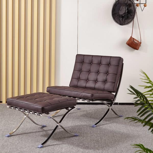 fauteuil barcelona réplique cuir marron foncé chocolat ottoman repose pieds pouf copie chaise barcelona knoll replica fauteuil lounge design salon chambre