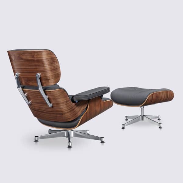 fauteuil lounge charles eames cuir gris bois de noyer base alu chromé poli avec ottoman
