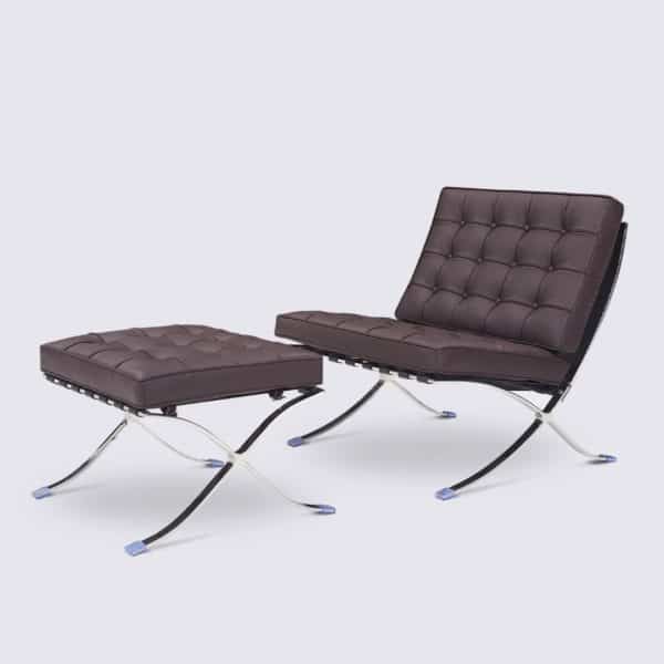 fauteuil barcelona réplique ottoman cuir marron foncé chocolat repose pieds pouf copie chaise barcelona knoll replica fauteuil lounge design salon