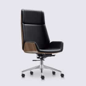 Chaise de bureau en cuir noir, bois de noyer et alu poli version haute – Nordic