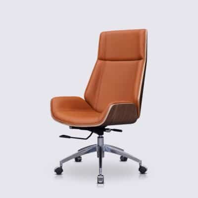 chaise de bureau en cuir cognac nordic bois de noyer roulette aluminium dossier haut moderne style scandiave