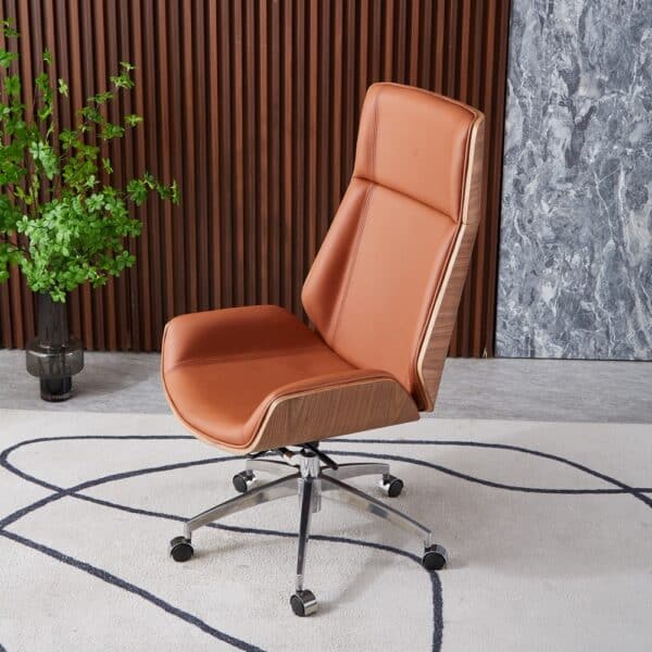 chaise de bureau en cuir cognac nordic bois de noyer roulette aluminium dossier haut moderne style eames bureau