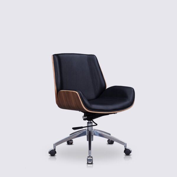 chaise de bureau confortable nordic en cuir noir et bois de noyer style eames dossier bas