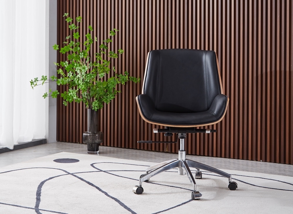 chaise de bureau design scandinave nordic en cuir noir et bois de noyer
