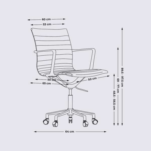 dimensions chaise de bureau design avec roulette et accoudoir en cuir italien noir et aluminium poli livio premium