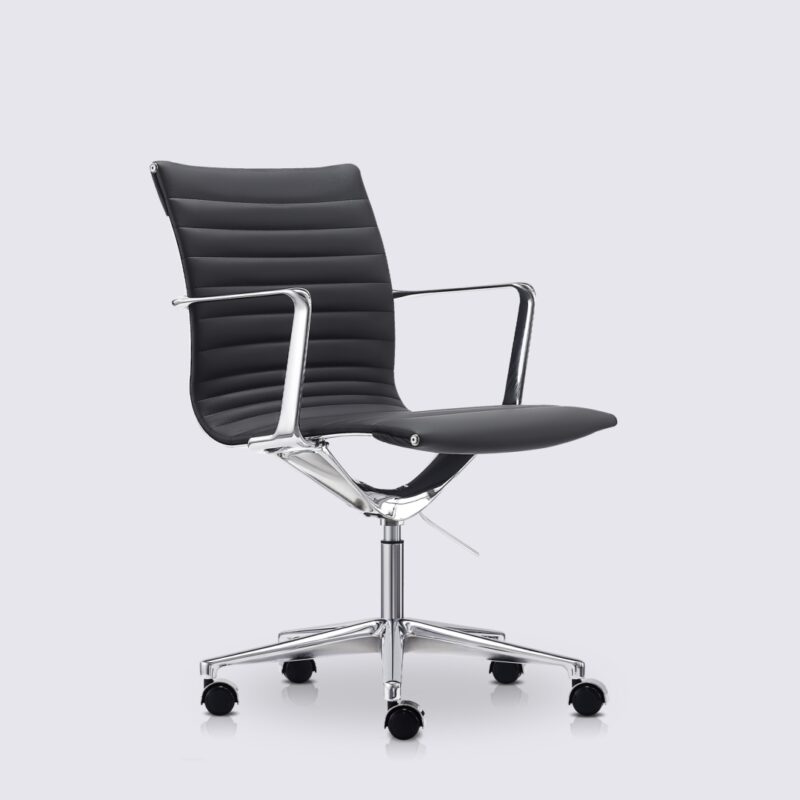 chaise de bureau haut de gamme avec roulette et accoudoir en cuir noir et aluminium poli livio premium