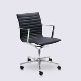 Chaise de bureau design en cuir noir et aluminium chromé - Livio