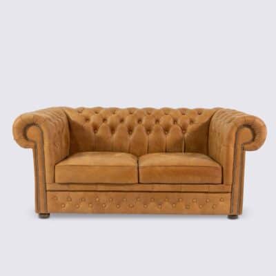 canapé chesterfield haut de gamme 2 places en cuir italien aniline premium camel cognac