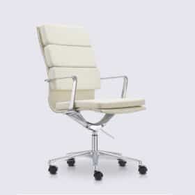 Chaise de bureau design en cuir blanc et aluminium chromé version haute - Alberto Premium