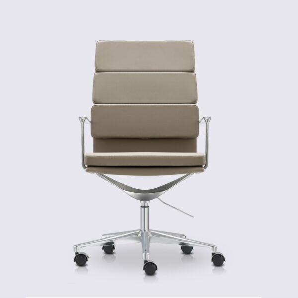 chaise de bureau scandinave dossier haut avec roulette et accoudoir en cuir gris et aluminium chrome alberto premium
