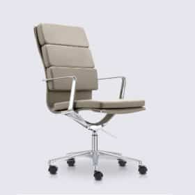 Chaise de bureau design en cuir gris et aluminium chromé version haute – Alberto Premium