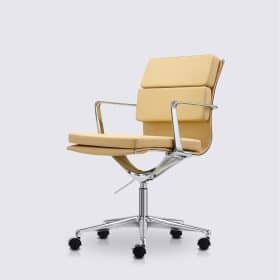 Chaise de bureau design en cuir blanc crème et aluminium chromé - Alberto Premium