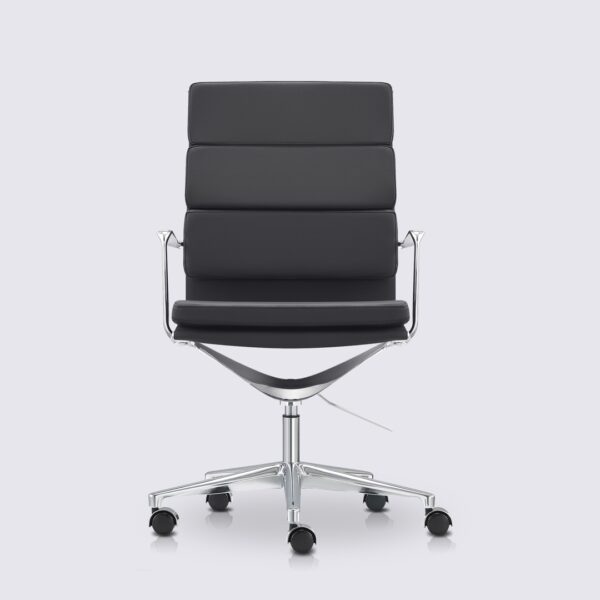 chaise de bureau moderne dossier haut avec roulette et accoudoir en cuir noir et aluminium chrome alberto premium