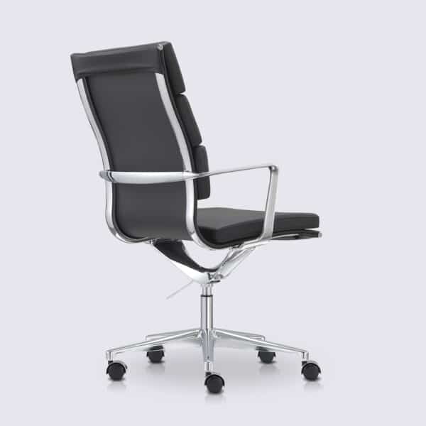 chaise de bureau haut de gamme dossier haut avec roulette et accoudoir en cuir noir et aluminium chrome alberto premium