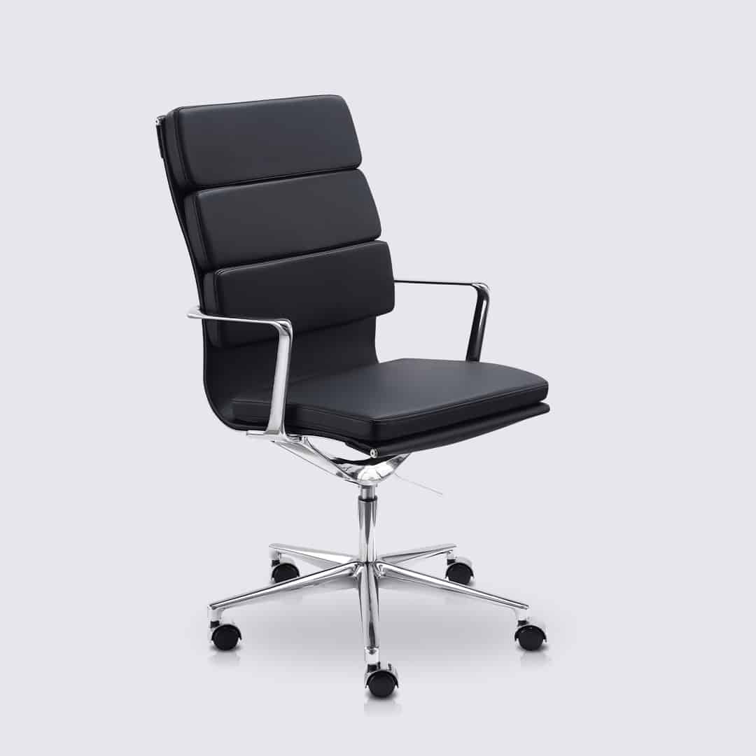 chaise de bureau eames dossier haut avec roulette et accoudoir en cuir noir et aluminium chrome alberto premium